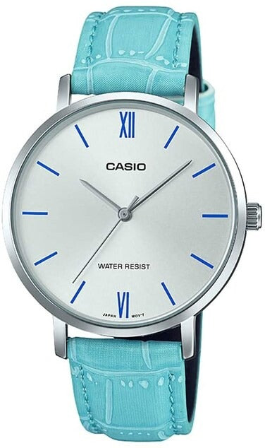 Casio - Women's Minimalistic Silver Dial Blue Leather Band Analog Watch LTP-VT01L-7B3